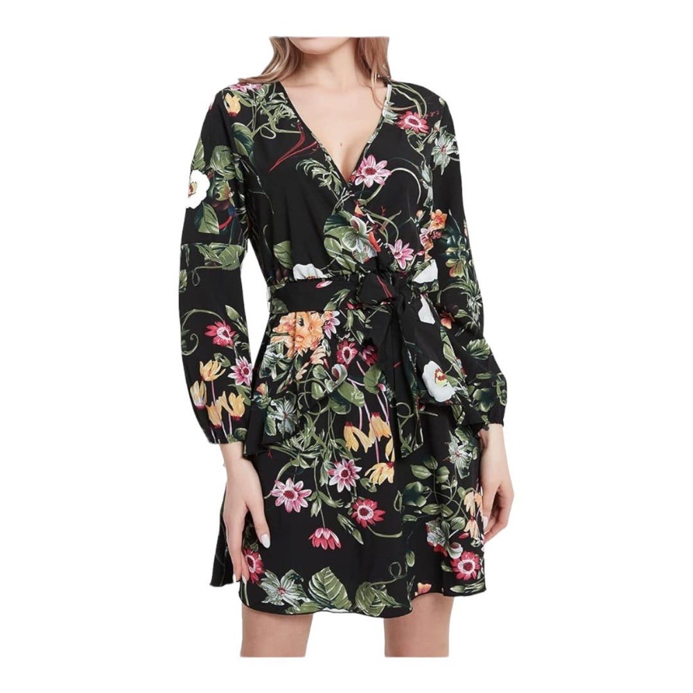 NWT Buguest Wrap Dress XXL Black Floral Long Sleeve Tropical V-Neck Knee Length